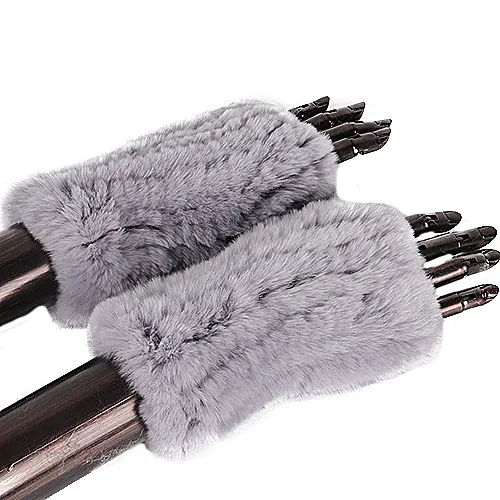 Rex Rabbit Fur Real Fur Cute Half Finger Thickened Gloves Gray - Shop at LoveMi