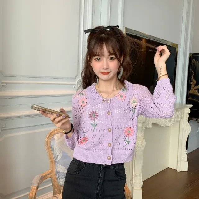 Thorn Hollow Embroidered Flower Lapel Single Breasted Long Sleeve Purple - Shop at LoveMi