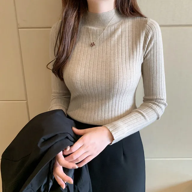 Half Turtleneck Bottoming Shirt Women's Long sleeved Sweater Top Khaki - Shop at LoveMi