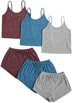 Women's Rib Knitted Crop-top Spaghetti-strap Lace-up Shorts Suit - Grey Red Blue - View 1