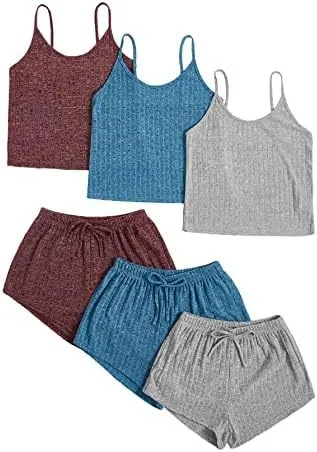 Women's Rib Knitted Crop top Spaghetti strap Lace up Shorts Suit Gray Red Blue - Shop at LoveMi