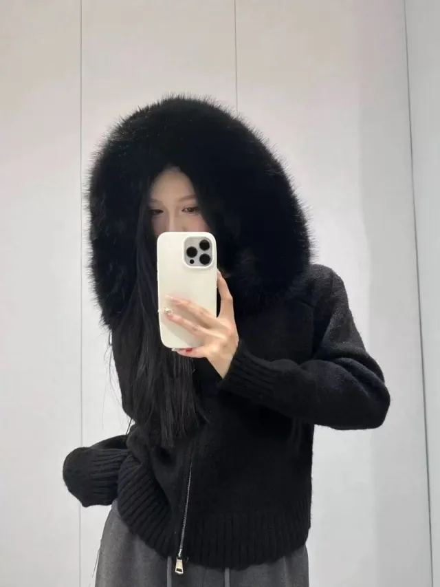 Vintage Knitted Cardigan Long Sleeve Fur Collar Coat Black - Shop at LoveMi