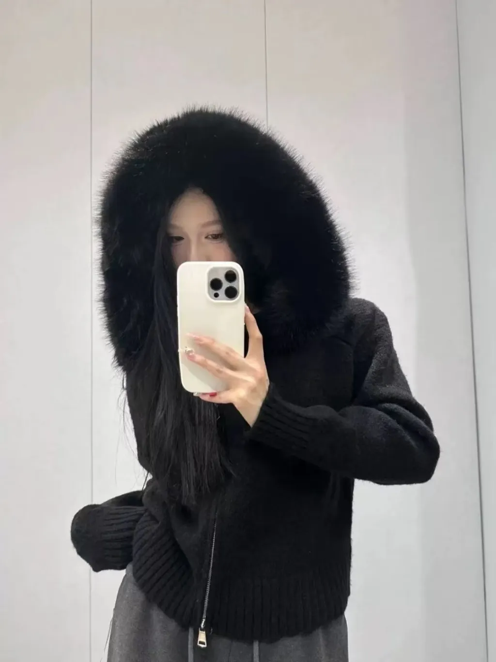 Vintage Knitted Cardigan Long Sleeve Fur Collar Coat - Black