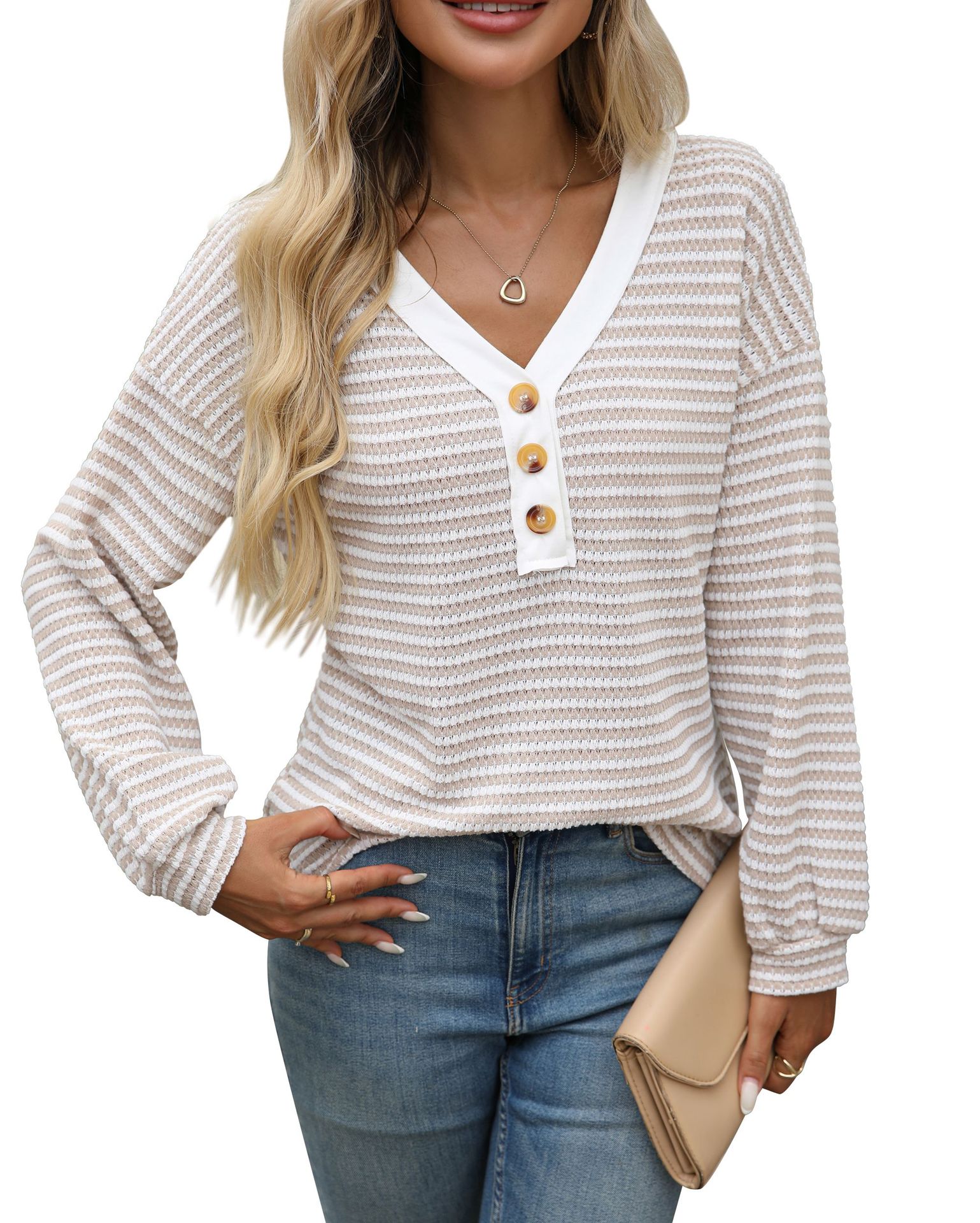 Women's V-neck Buttons Pullover Patchwork Casual Long-sleeved Top - Image 6