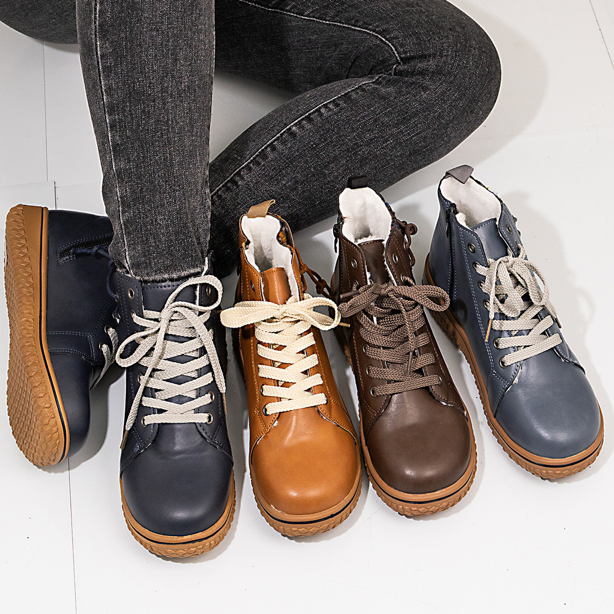PU Casual Shoes With Front Laces, Winter Cotton Boots