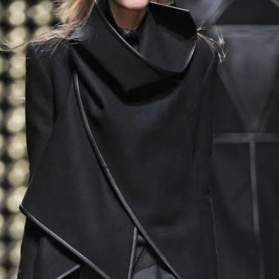 Lapel Woven Asymmetric Split Turtleneck Wool Overcoat