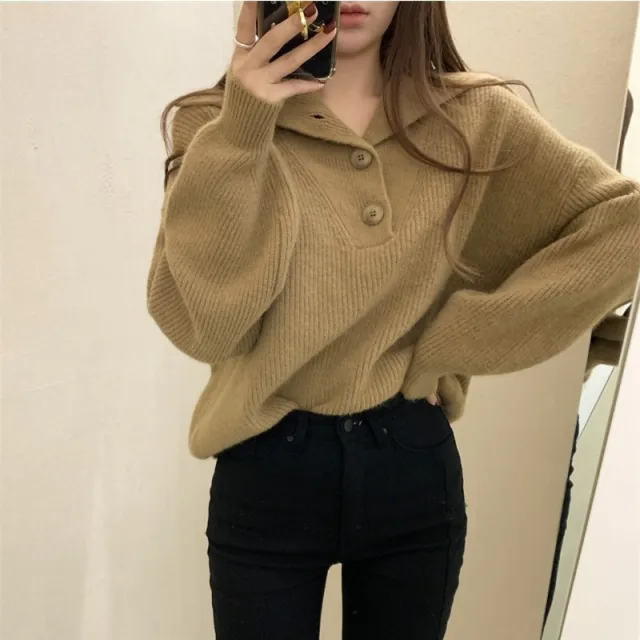 Salt Girl's Large Lapel Button Sweaters Top Khaki - Shop at LoveMi