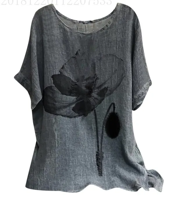 Loose Plus Size Casual Cotton Blend Short Sleeve Women's Top T shirt Black Flower - Shop at LoveMi