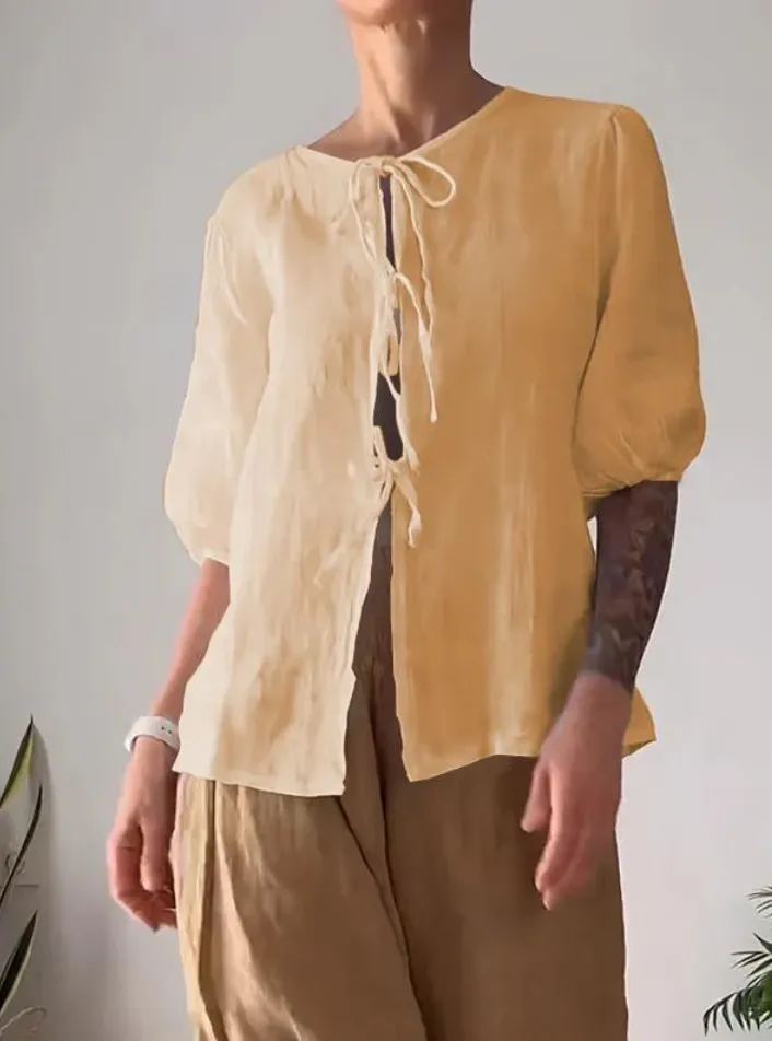 Fashion Casual Solid Color Round Neck Tied Shirt High Waist Wide Leg Pants - Yellow