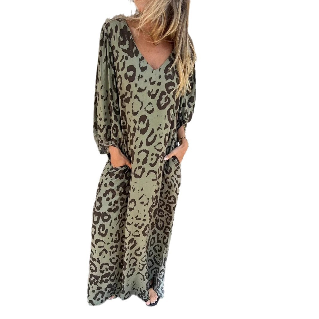 Leopard Print V-neck Printed Long Sleeve Loose Dress Women