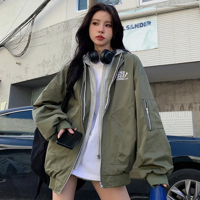 Women's Autumn Hooded Hooded Jacket Coat - Army Green