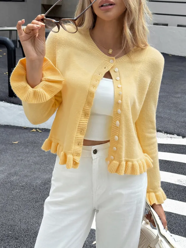 Women's Solid Color Versatile Button Long sleeved Sweater Yellow - Shop at LoveMi