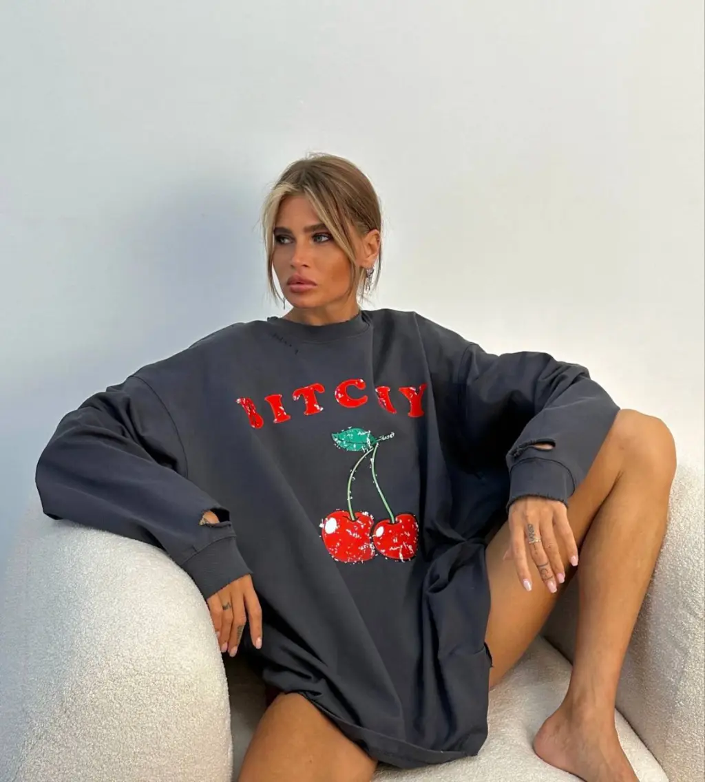 Cherry Printed Pullover Sweatshirt Women's Fashion Loose Casual Top - Gray
