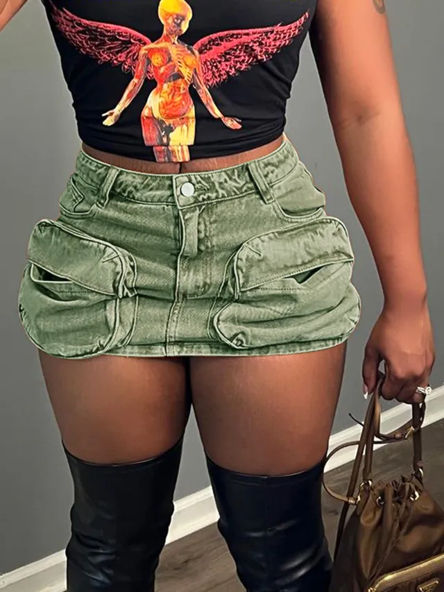 Women's Non stretch Straight Sexy Workwear Pocket Denim Shorts Green - Shop at LoveMi