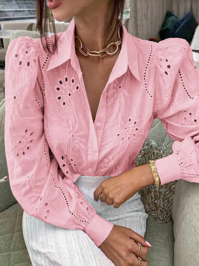 Women's Single breasted Solid Color Embroidered Long sleeved Lapel Shirt Pink - Shop at LoveMi