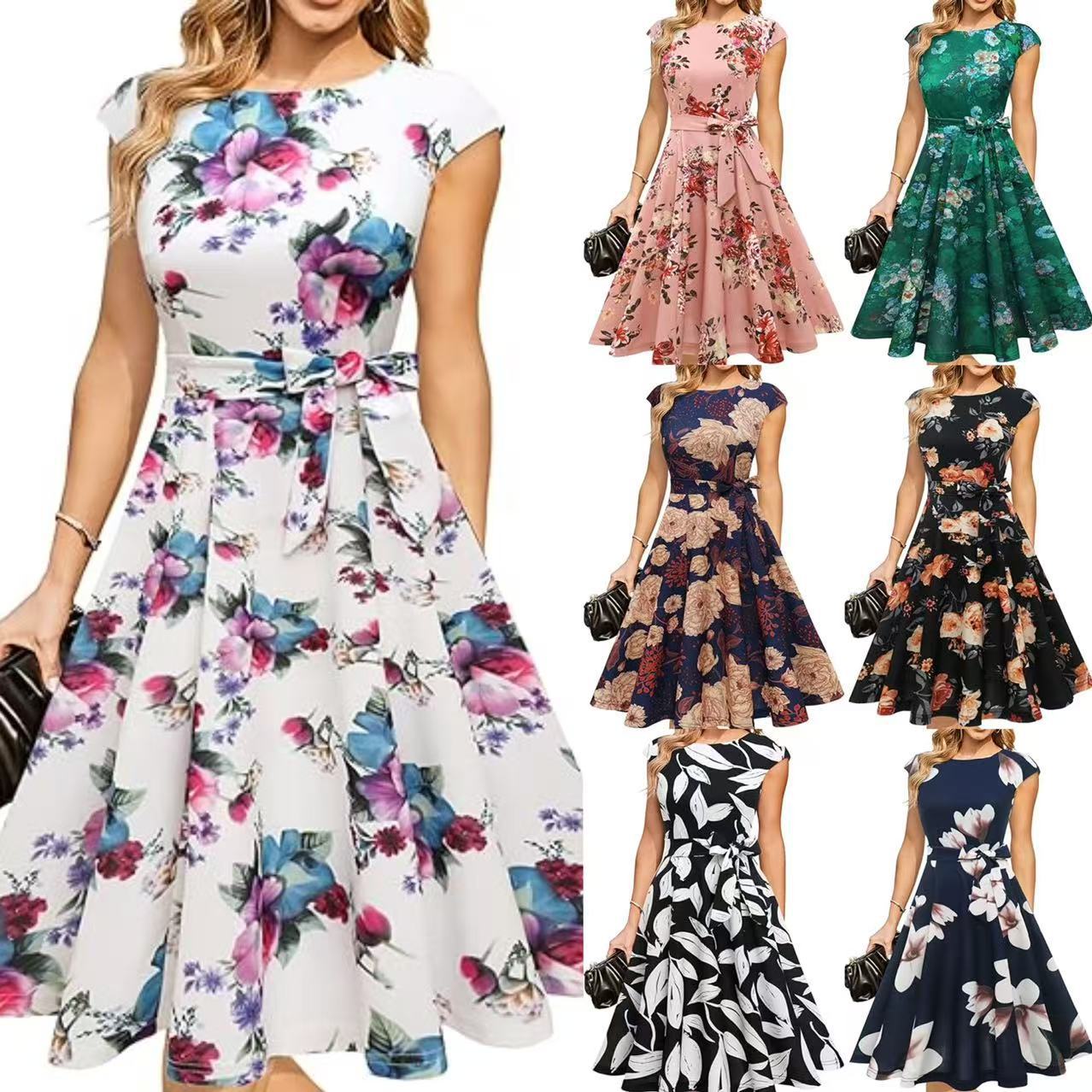 Elegant Round-neck Sleeveless Tie-waist Printed Dress