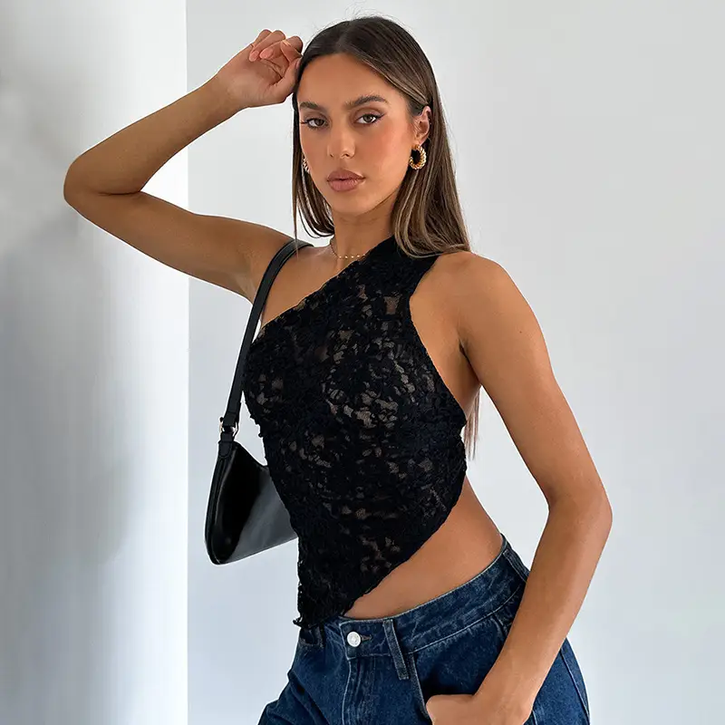 Ins Lace Backless Top Summer Solid Color Waistless Asymmetrical Sloped Neck Vest