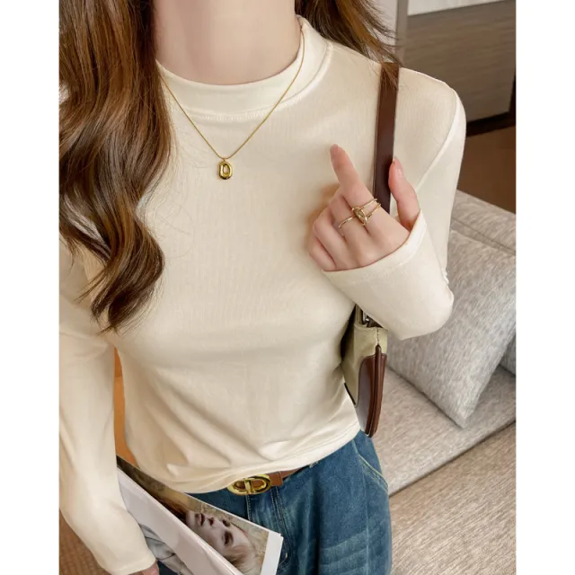Shirt Women's Underwear Can Be Worn Outside Round Neck Long Sleeve Apricot - Shop at LoveMi