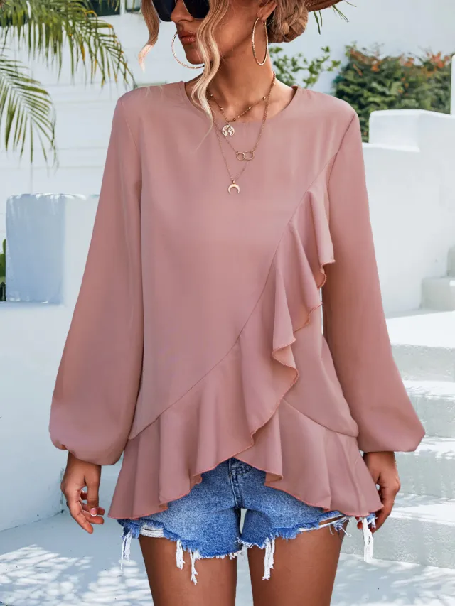 Solid Color Ruffled Lantern Sleeve Irregular Top Pink - Shop at LoveMi