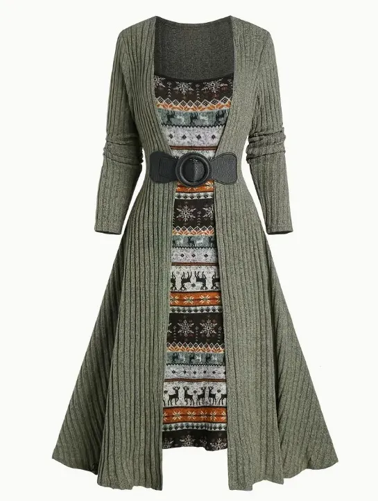 Commuter Long Sleeve Stitching Sunken Stripe Dress Army Green - Shop at LoveMi