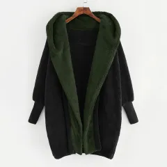 Foreign Trade Women's Clothing Color Double-sided Velvet Hooded Loose Cardigan Coat - Black - View 1
