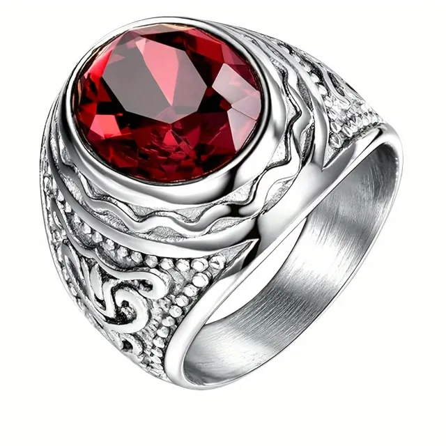 Vintage Carved Pattern Men's Ring, Gold Wedding Ring Silver Red Diamond - Shop at LoveMi