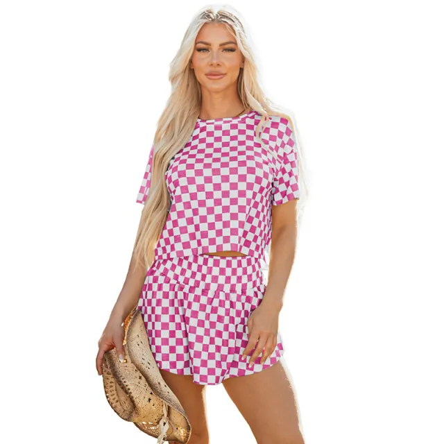 Chessboard Plaid Casual Stylish Loose Short Sleeve T shirt Shorts Two piece Set Pink - Shop at LoveMi