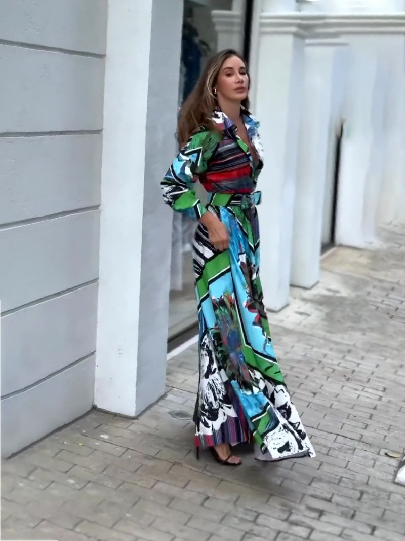 Title 3, Printed Dress Long Sleeve Cardigan Belt Long Dress