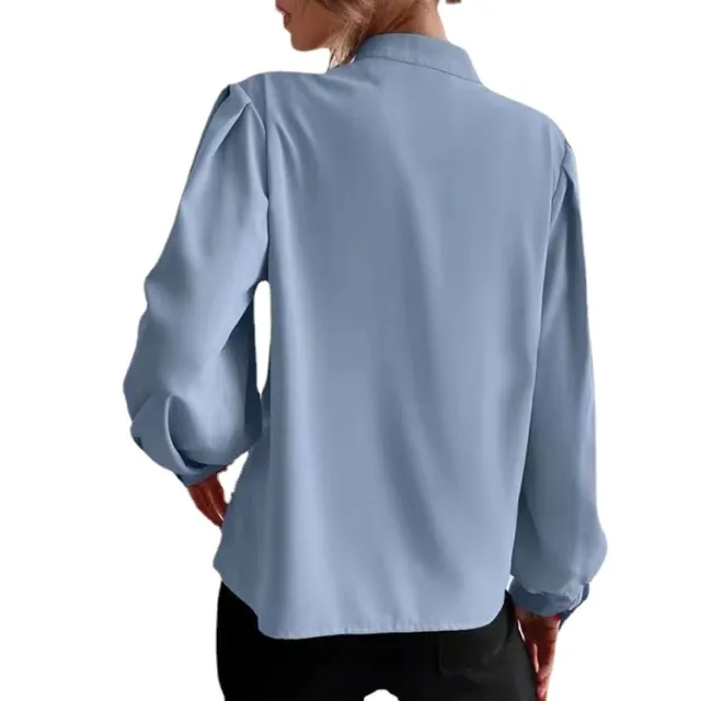 Commute Style Solid Color Round Neck Long Sleeve Single breasted Women's Shirt Grey Blue - Shop at LoveMi