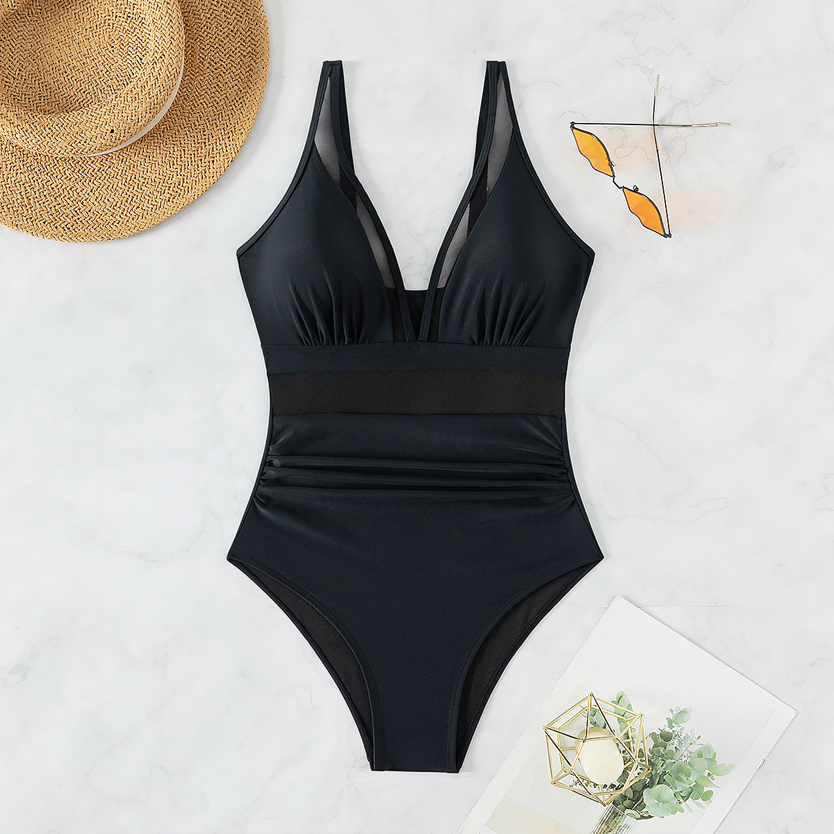 Pure Color Mesh Halter Bikini One-piece Swimsuit - Image 14