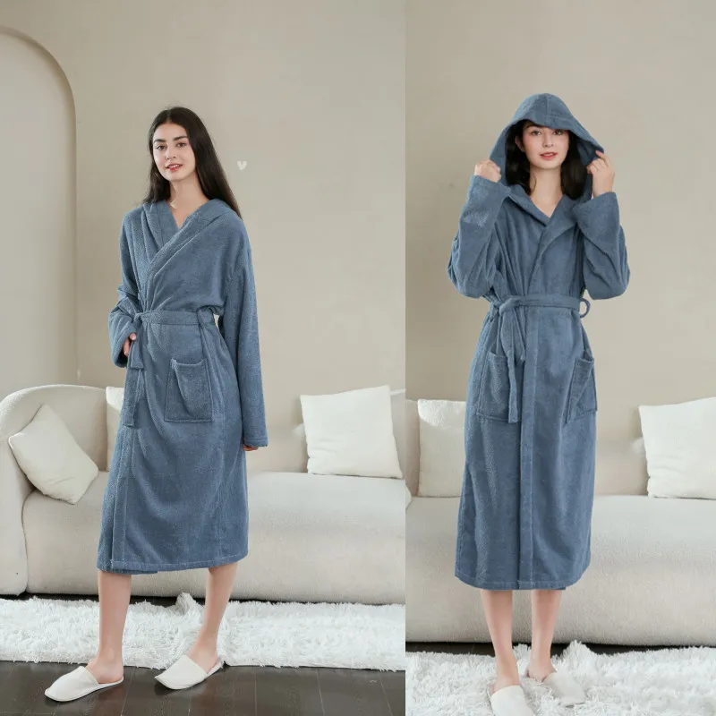 New Hotel Couple Bathrobe In Towel Fabric - Gray And Blue