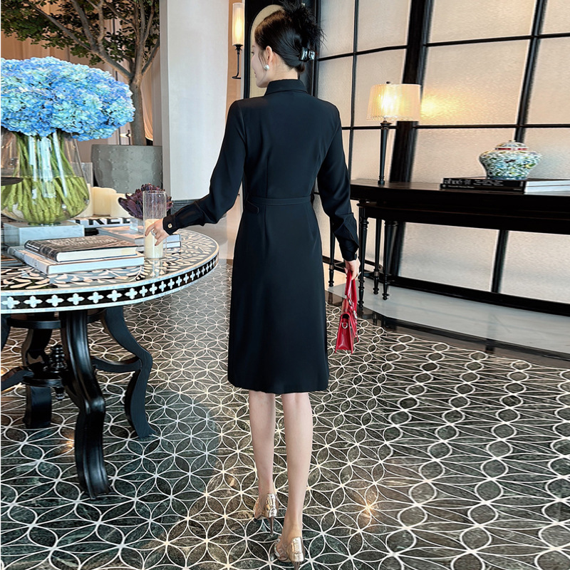 Black Single-breasted Lace Up Mid-length Dress