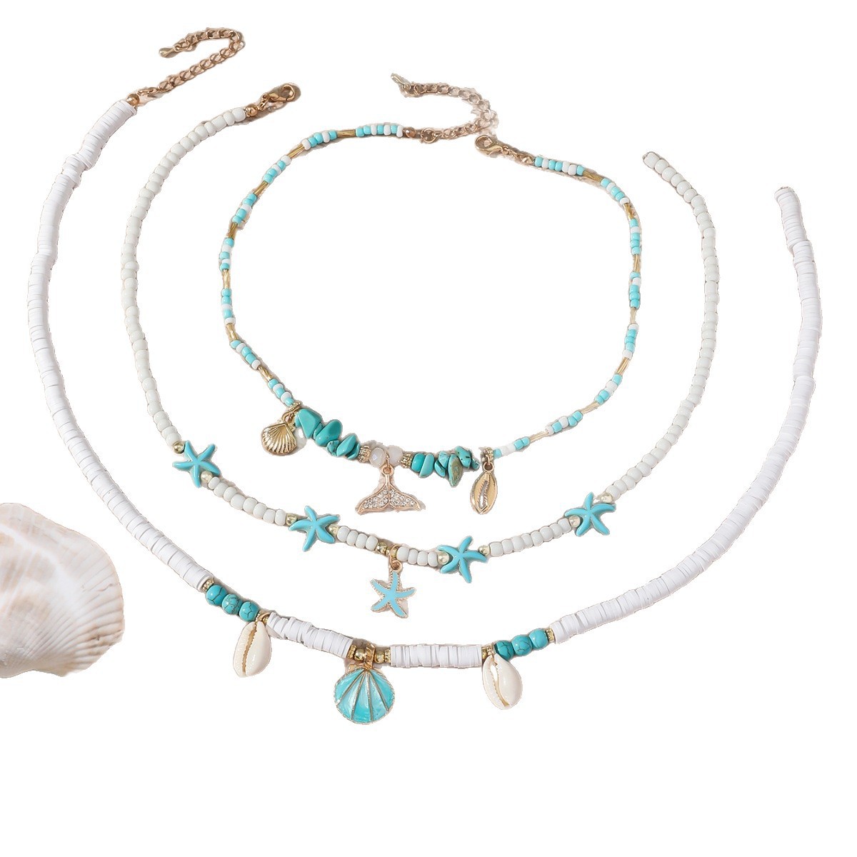 Conch And Turquoise Polymer Clay European And American-Style Necklace With Starfish Pendant