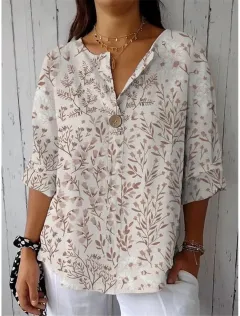 Women's Button V-neck Shirt Casual Print Top T-shirt - Color 2-2Xl - View 1