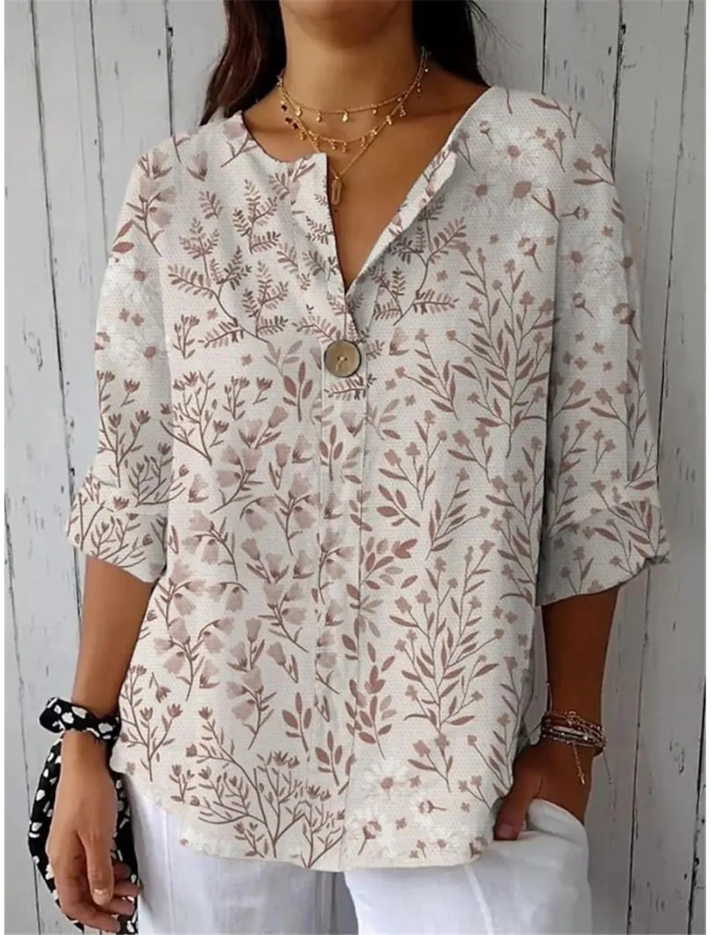 Women's Button V-neck Shirt Casual Print Top T-shirt - Color 2-2Xl