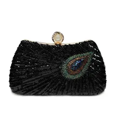 Beaded Peacock Feather Large Pearl Rhinestone Large Capacity Crossbody Shoulder Bag - Black - View 1