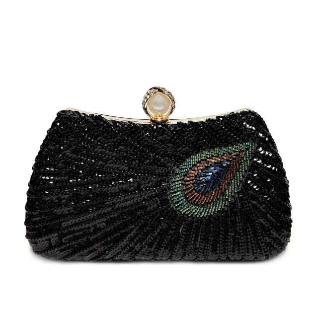 Beaded Peacock Feather Large Pearl Rhinestone Large Capacity Crossbody Shoulder Bag Black - Shop at LoveMi