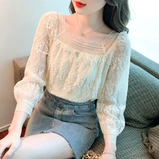 Autumn And Winter Square Collar Chiffon Shirt Apricot - Shop at LoveMi