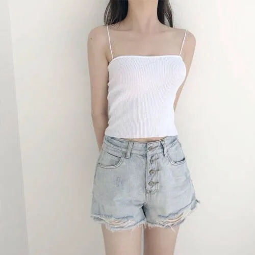 Knitted Spaghetti Straps Outerwear Slimming Inner Vest White - Shop at LoveMi
