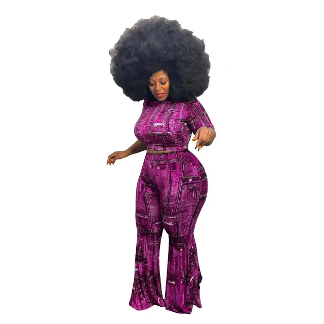 Women's Clothing Denim Printing Plus Size Two piece Suit Purple - Shop at LoveMi