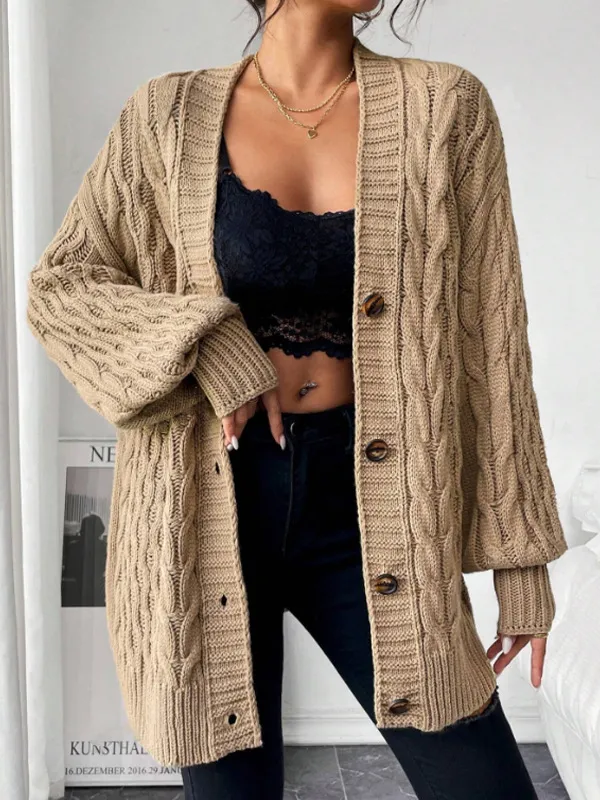 Women's Single breasted Long Sleeve V neck Sweaters Coat Khaki - Shop at LoveMi