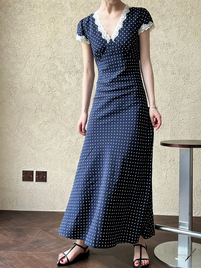 Lace Stitching Dress V collar Polka Dot Waist tight Long Skirt Navy Blue - Shop at LoveMi