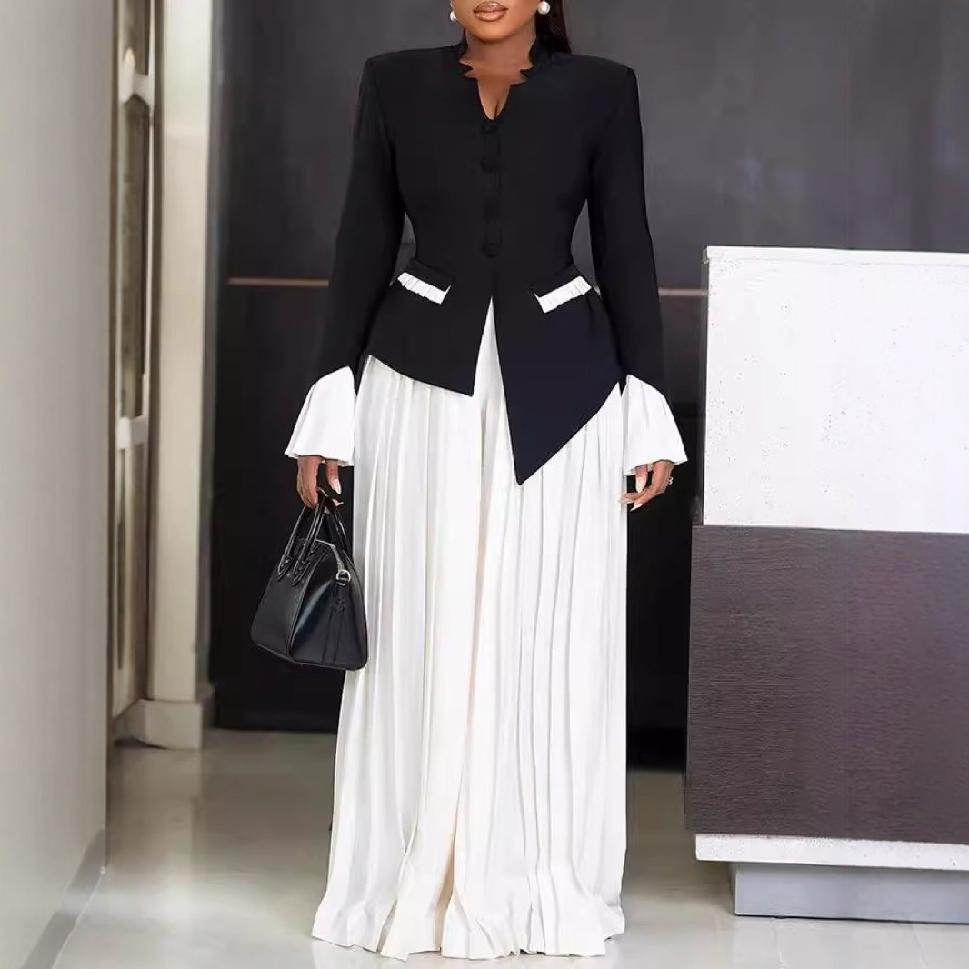 Black Bell Sleeve Top Pleated Blouse And Pants