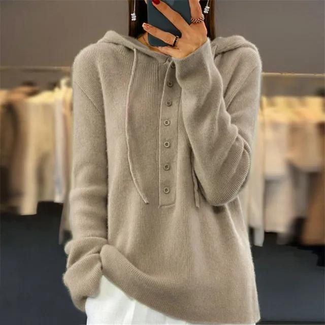 Solid color Long sleeve Hooded Knitted Pullover With Drawstring For Women Camel - Shop at LoveMi