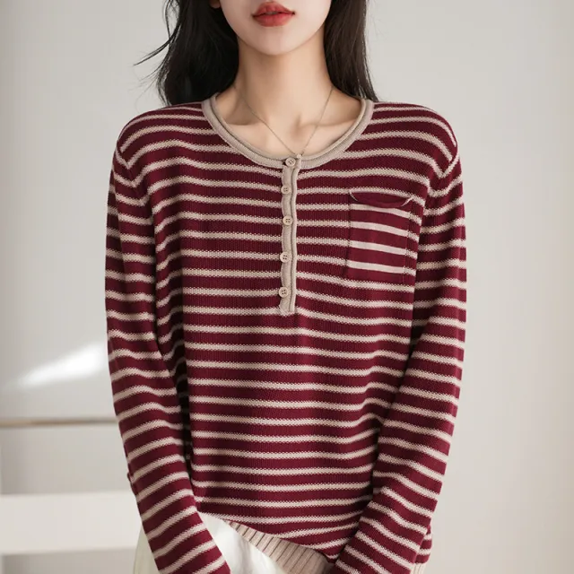 Bottoming Shirt Casual Loose Round Neck Sweater Wine Red - Shop at LoveMi