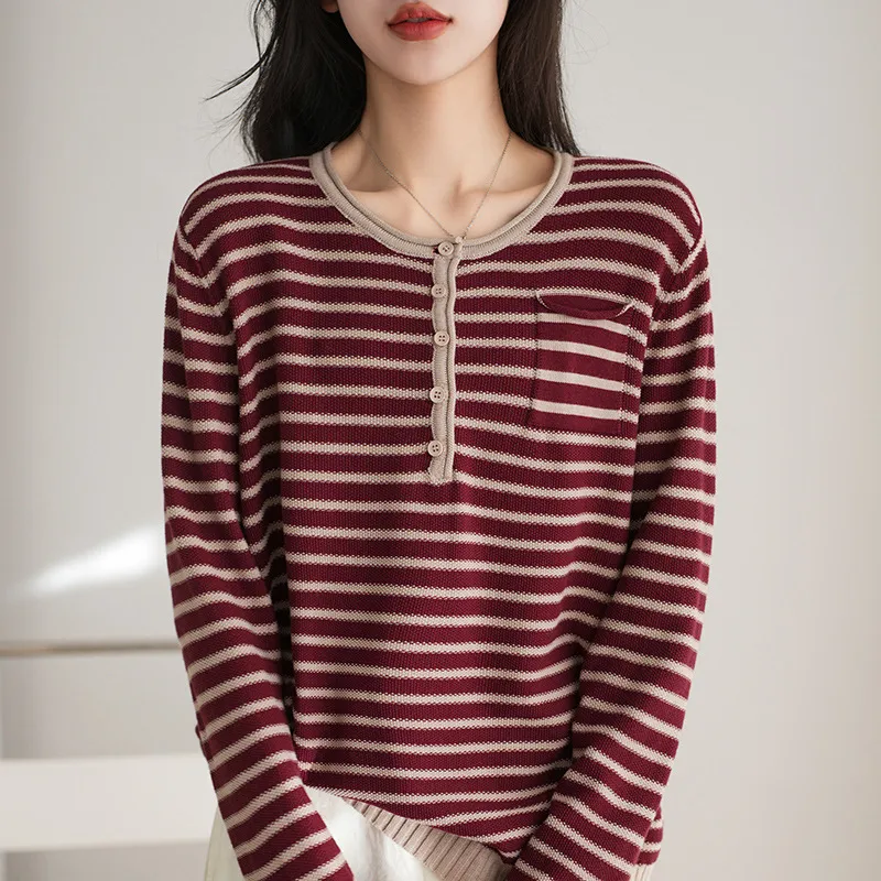 Bottoming Shirt Casual Loose Round Neck Sweater - Wine Red