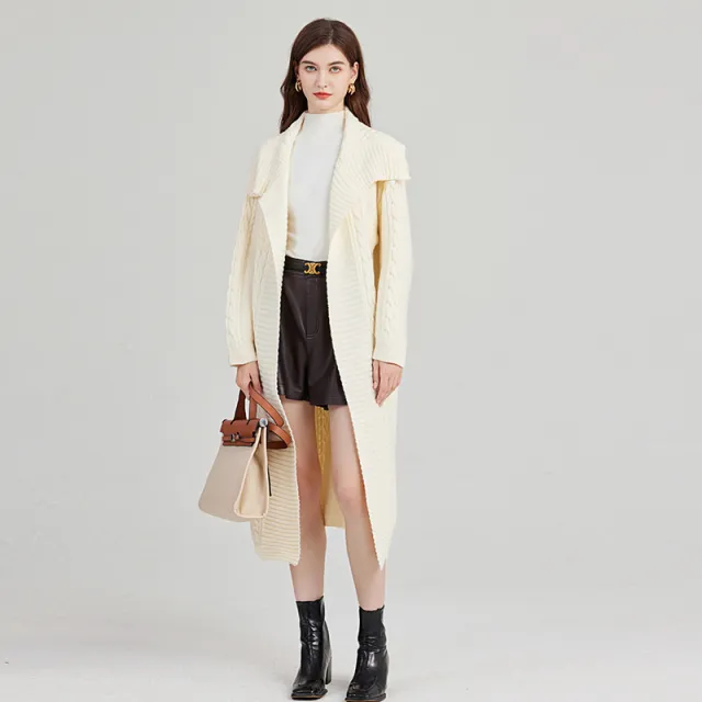 Autumn And Winter Western Style European And American Style Loose Large Twist Lapel Sweater Coat With Belt Beige Cardigan - Shop at LoveMi