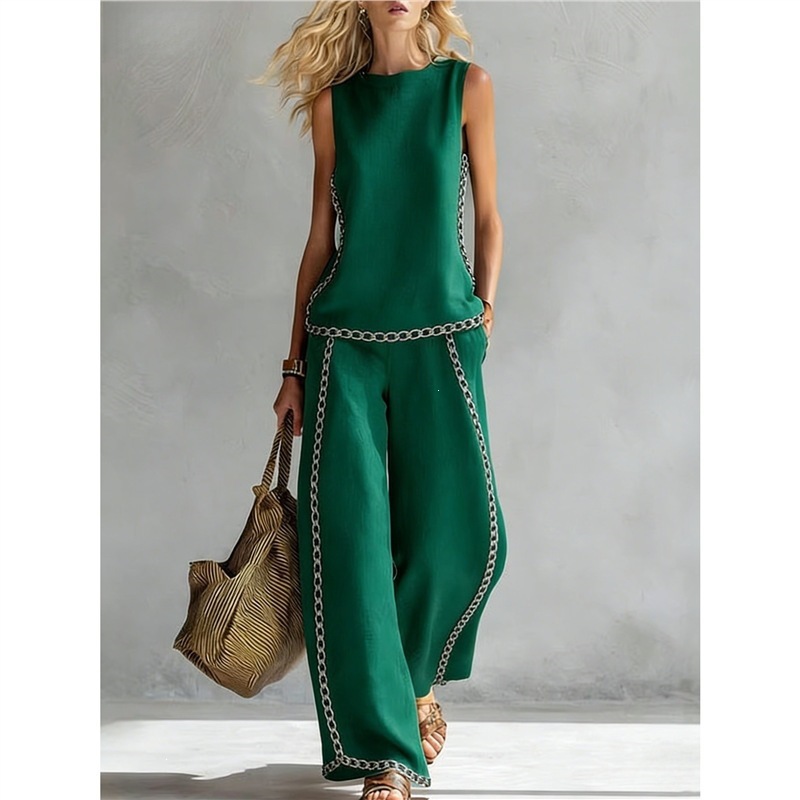 New-style Rainbow Tie-dye Sleeveless Crew-neck Top And Wide-leg Pants Womens Casual Two-piece Set 7