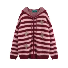 Idle Style Loose Red Striped Hooded Zip Cardigan Sweater Coat - Pink - View 1
