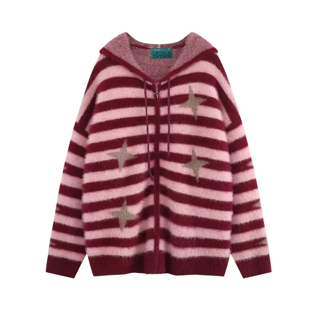 Idle Style Loose Red Striped Hooded Zip Cardigan Sweater Coat Pink - Shop at LoveMi